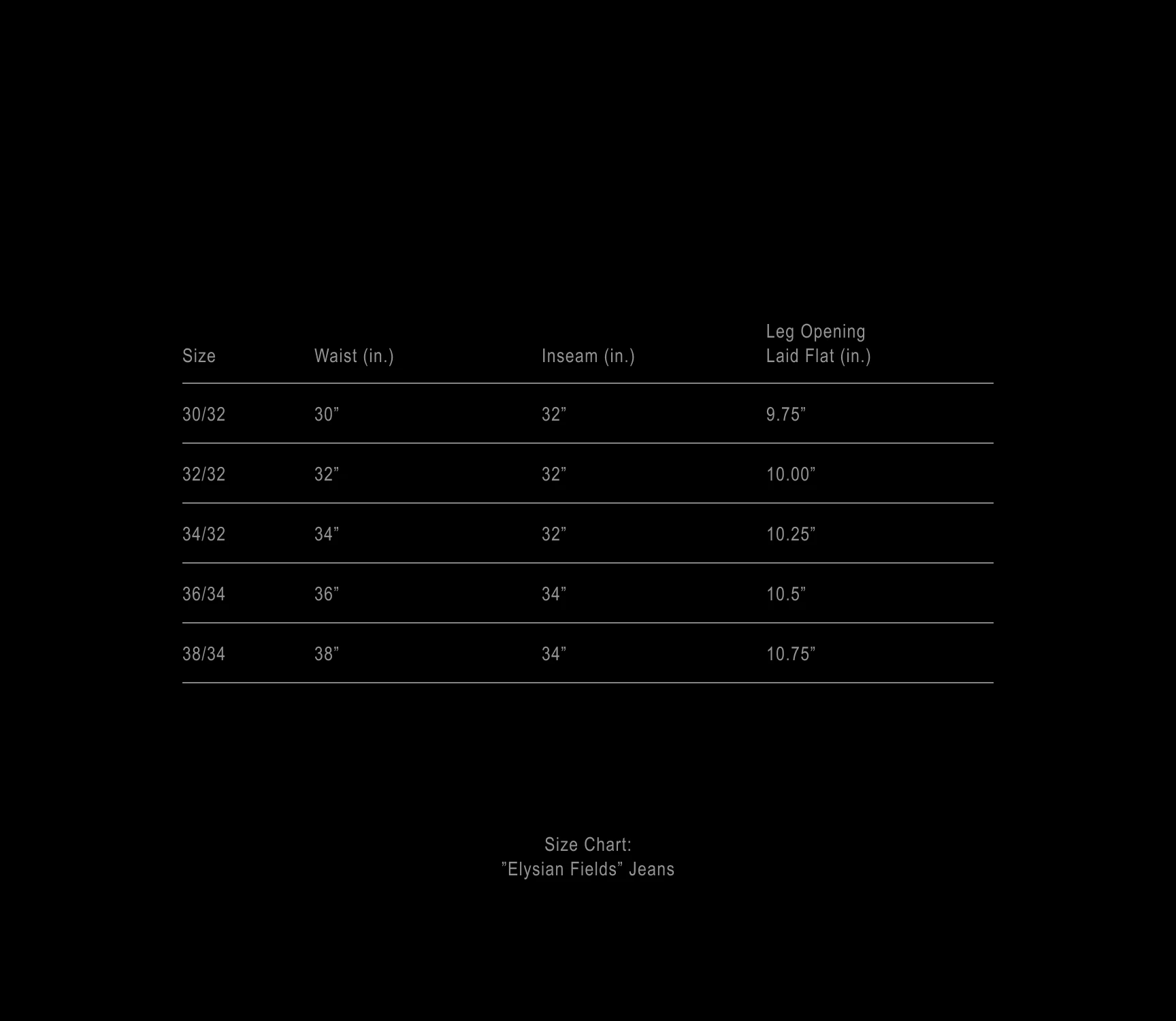 Elysian Fields Jeans size chart