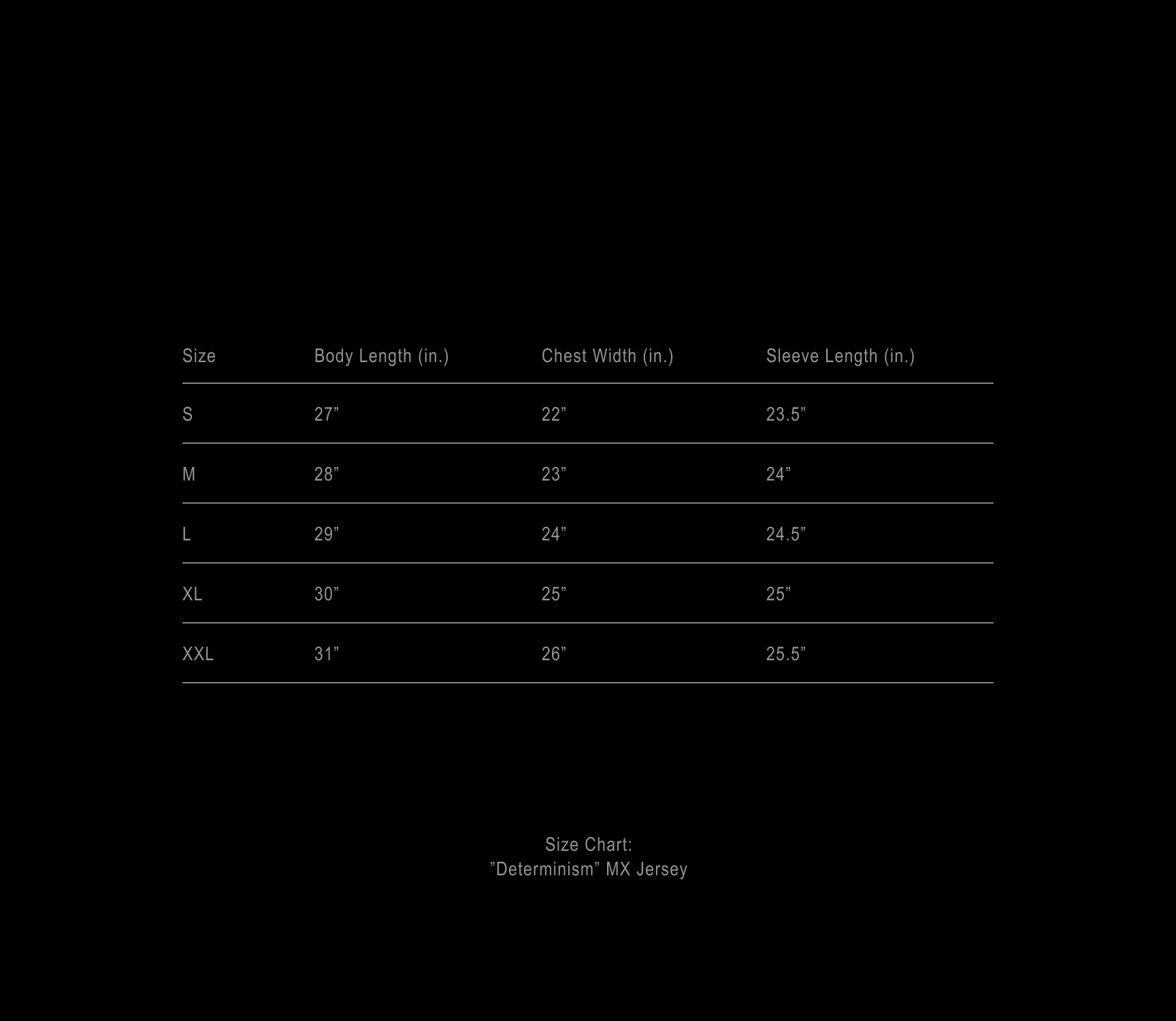 Determinism MX Jersey size chart